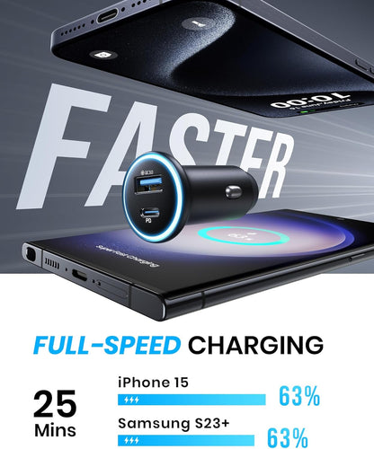 USB C Car Charger, 66W USB-C & USB-A Fast Charging Cigarette Lighter Adapter, Car Power Adapter PD QC3.0 Mini Car Phone Charger, for Iphone 16 15 14 Pro Max Samsung Galaxy S25 S24 S23, Ipad Pro